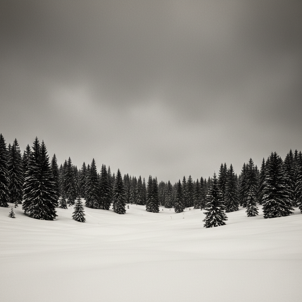 A monochromatic landscape of the Fiemme Valley in winter, the dark silhouettes of spruce trees against a heavy, grey sky