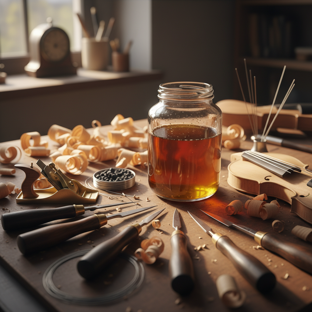 A macro photograph of a luthier’s workbench, covered in wood shavings, small brass planes, and a glass jar of thick, hon