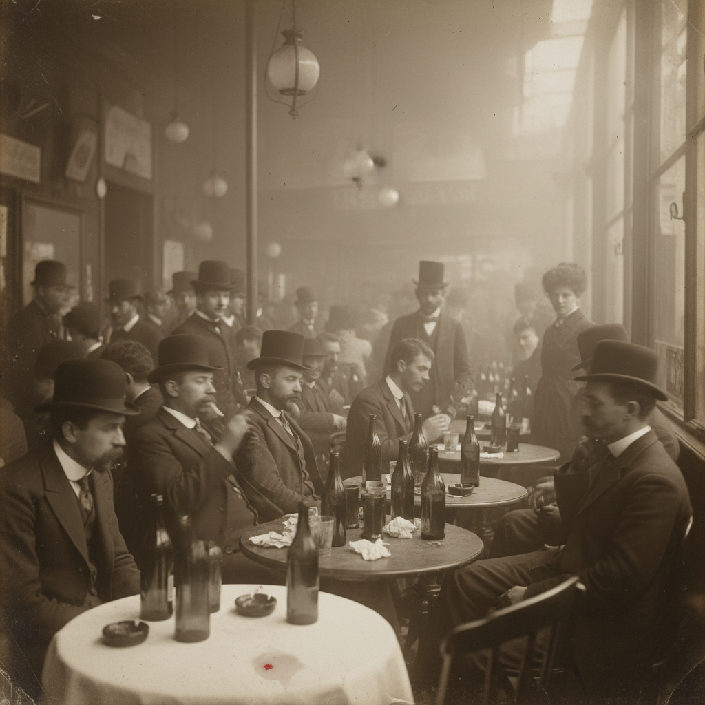 A sepia-toned photograph of a crowded 19th-century Parisian bistro, smoke thick in the air and green bottles on every ta