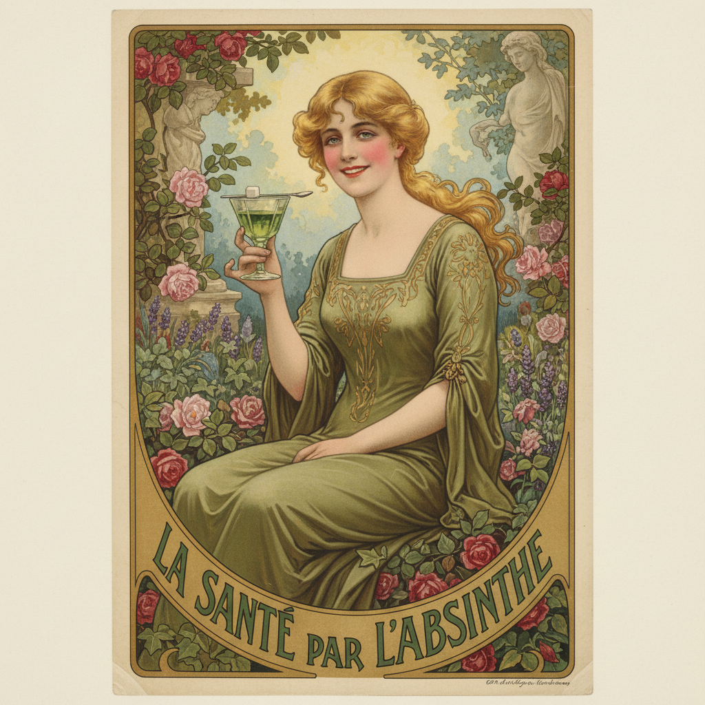 A vibrant 1900s French advertisement showing a healthy, smiling woman in a sunlit garden, holding a glass of emerald abs