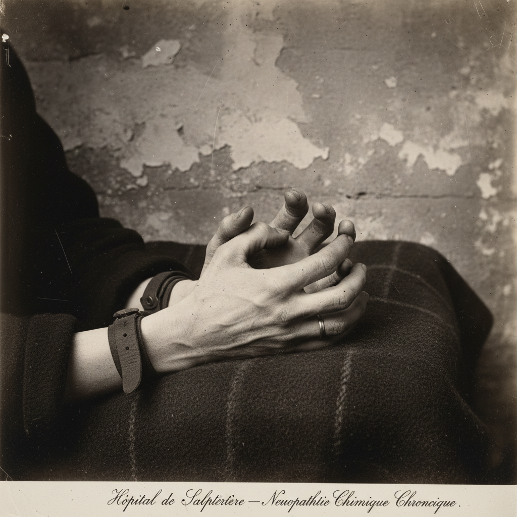 A grim, monochrome medical photograph from a 19th-century Parisian asylum, showing a patient's hands locked in the chara