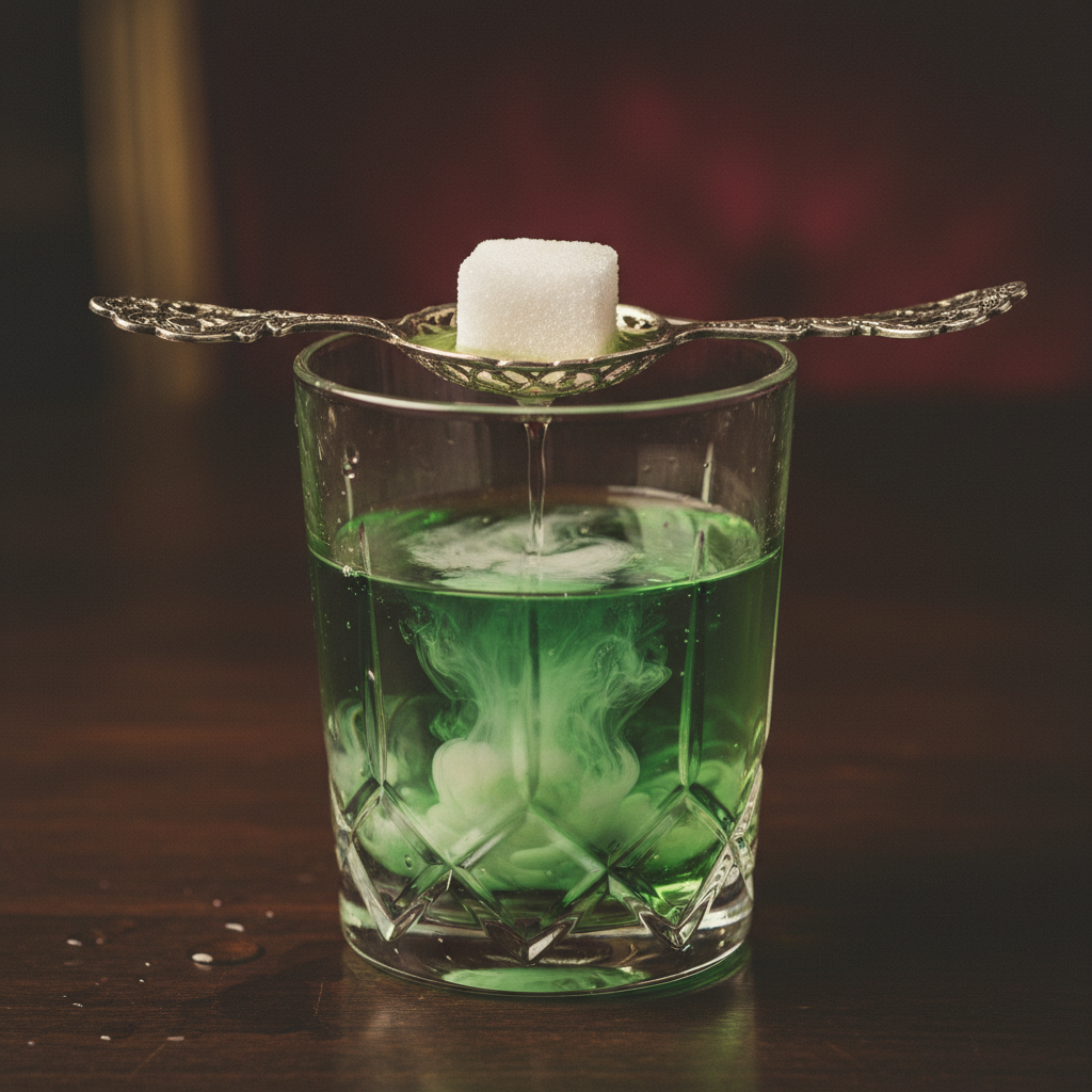 A close-up of a silver absinthe spoon resting on a crystal glass, the sugar cube half-dissolved in a drip of water as th