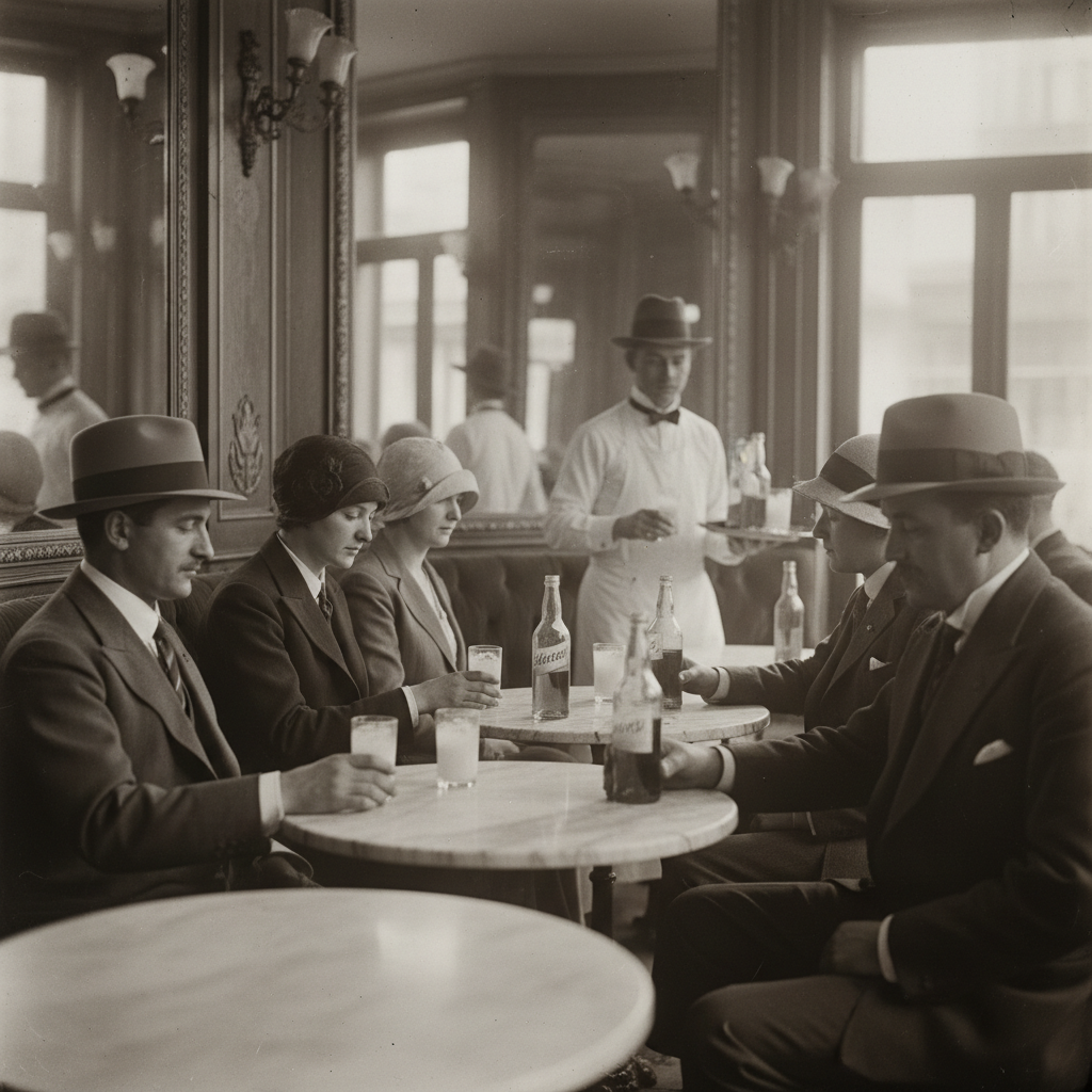A 1920s photograph of a Parisian cafe after the ban, the patrons now drinking cloudy glasses of pastis, the atmosphere s