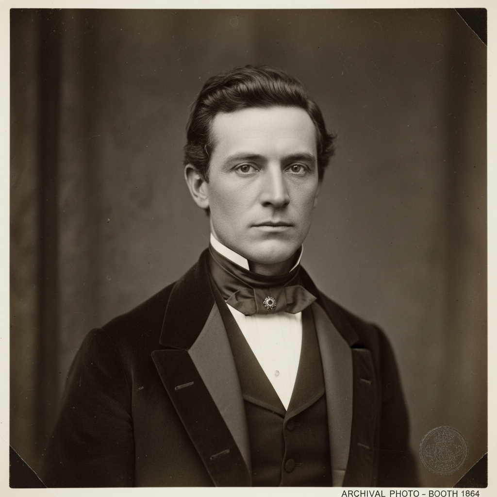 A sepia-toned studio portrait of John Wilkes Booth, his dark eyes staring intensely at the camera, a silk cravat tied pe