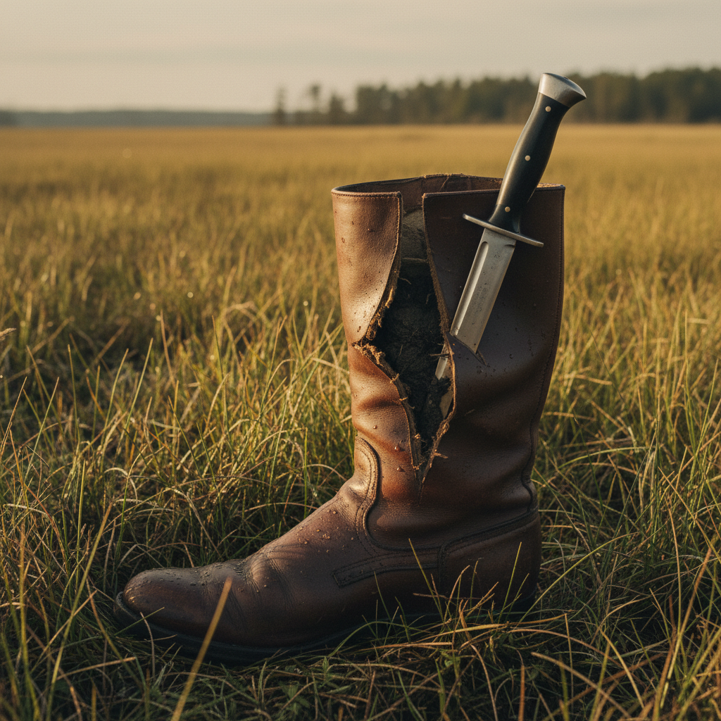 A close-up of a 19th-century riding boot, sliced open with a knife, lying in the tall grass of a Maryland marsh.