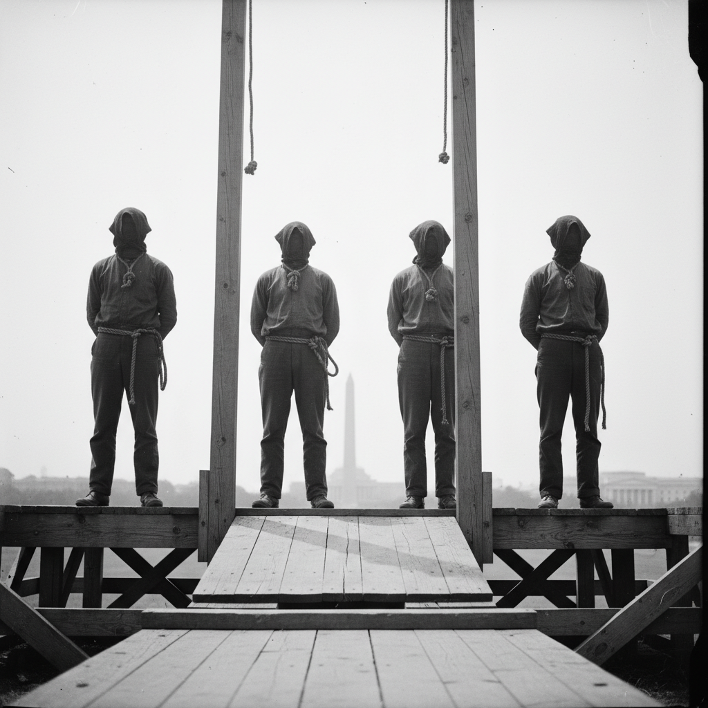 The four conspirators standing on the gallows, hooded and bound, against the stark, white-hot sky of a Washington summer
