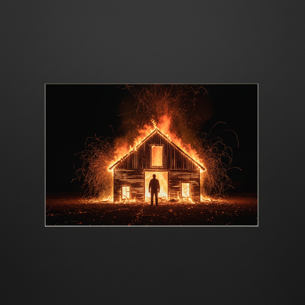 The burning tobacco barn at night, sparks flying into the black sky, with the dark silhouette of a man visible through t