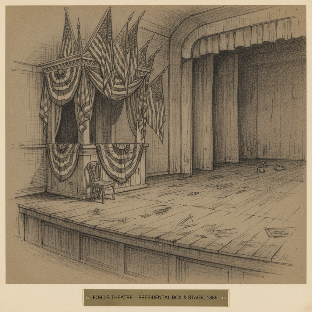 An architectural sketch of the interior of Ford’s Theatre, showing the presidential box draped in flags and the long dro