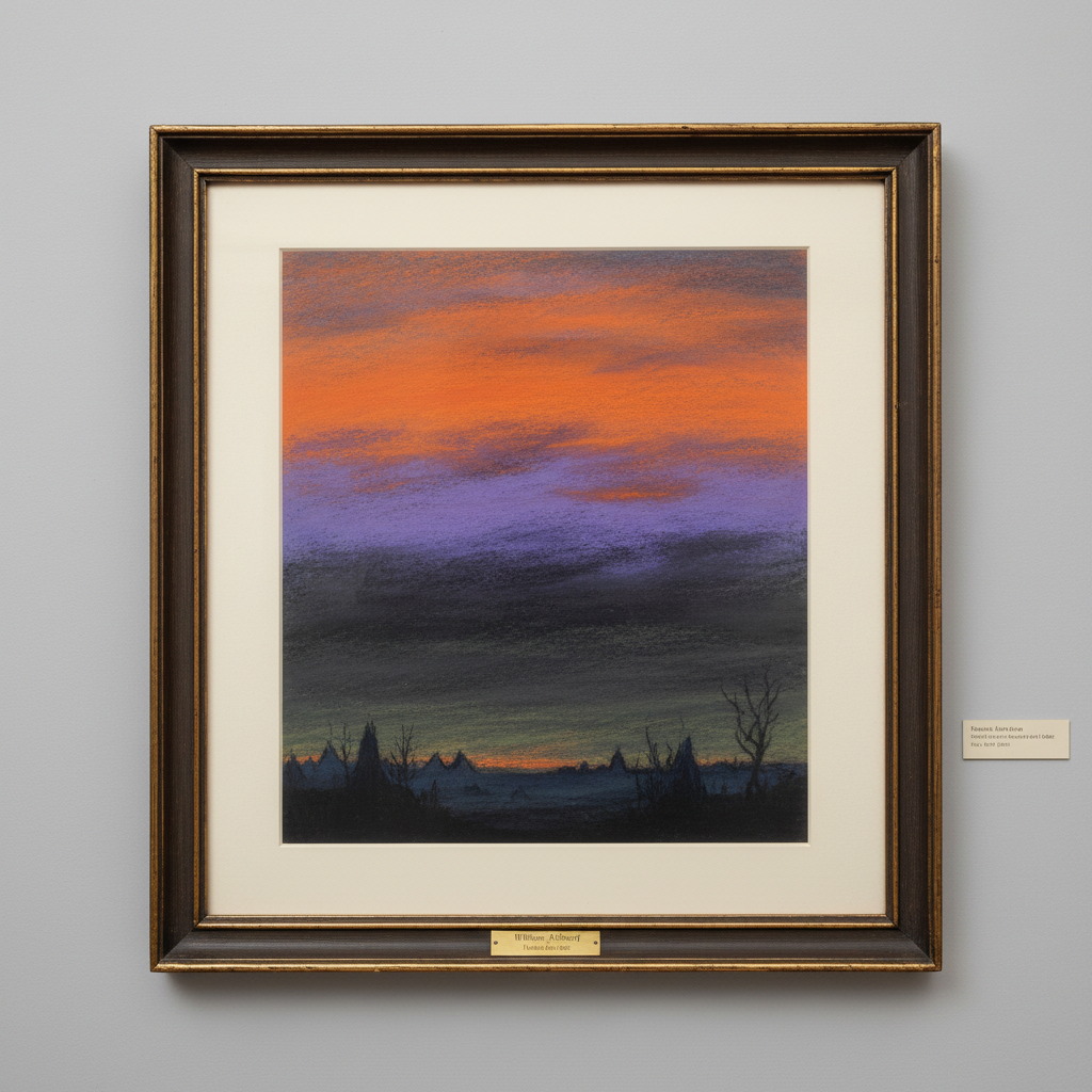 A reproduction of a 19th-century pastel sketch by William Ashcroft, showing a sky divided into horizontal bands of fiery