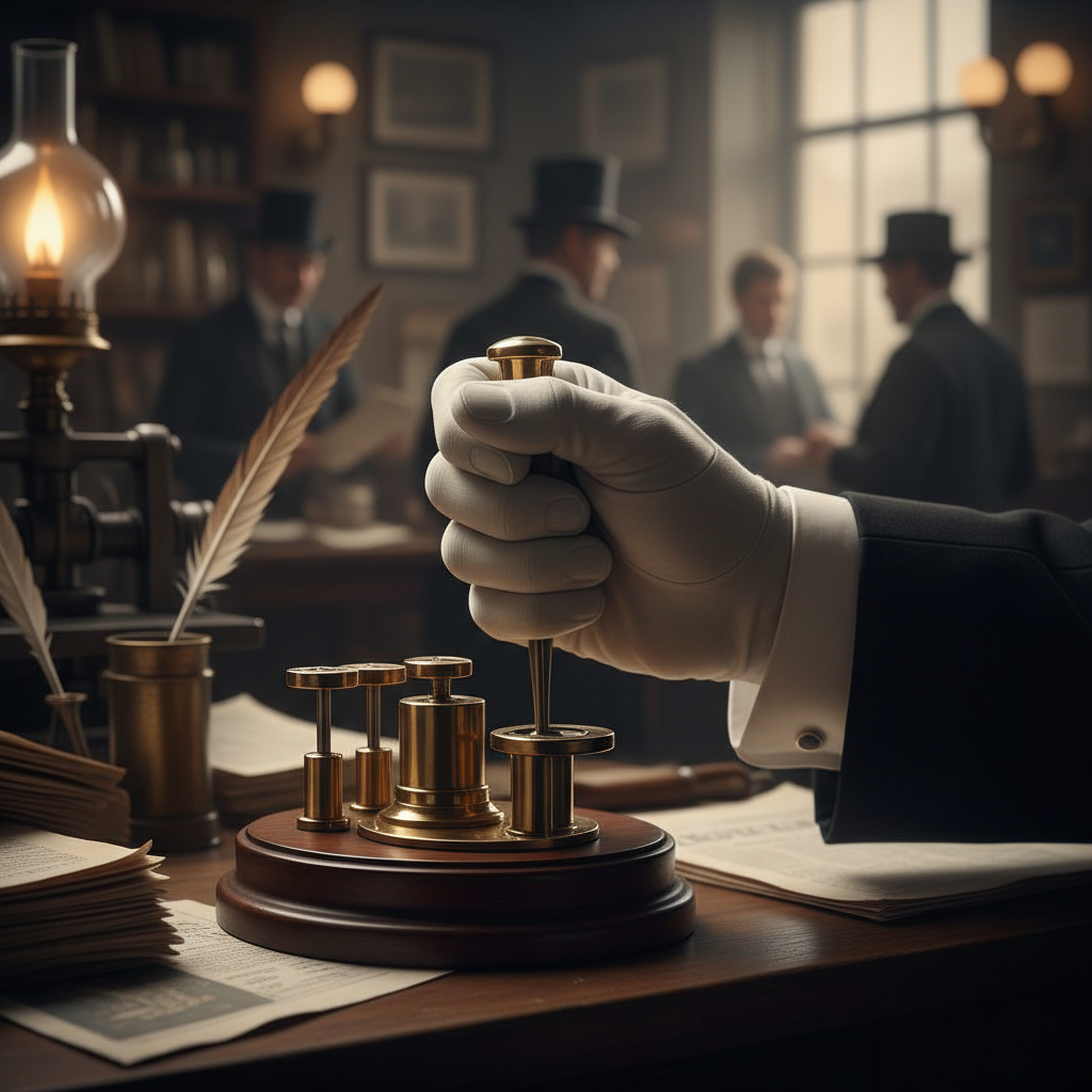 A close-up of a 19th-century telegraph key, brass and wood, held by a hand in a white cuff, blurred background of a busy