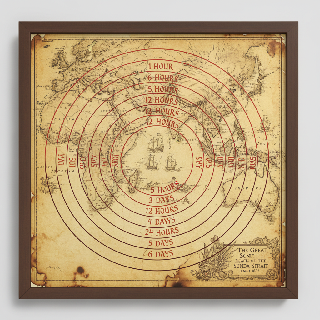 An antique map of the Indian Ocean with concentric circles radiating from the Sunda Strait, marking the hours it took fo
