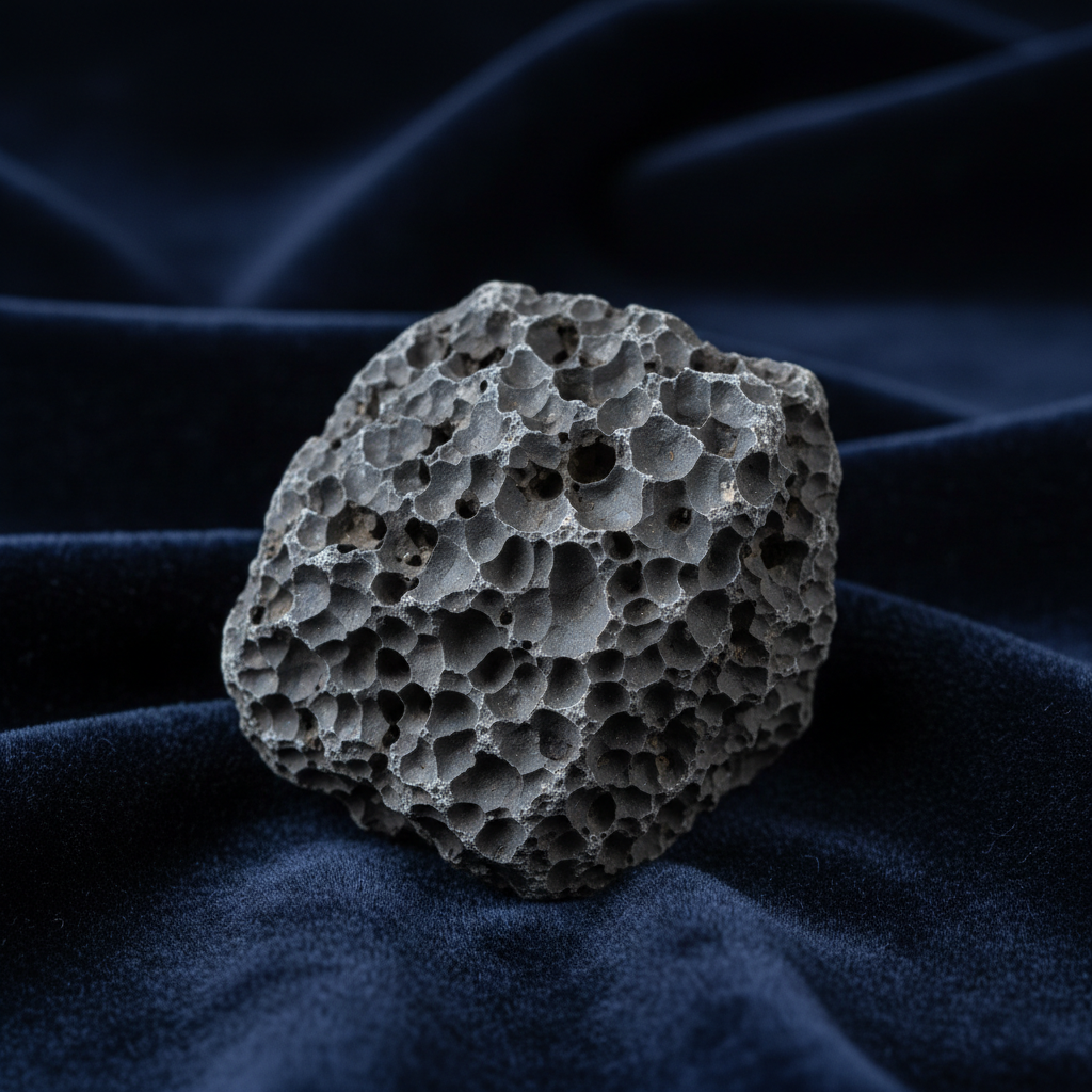 A macro shot of a single piece of gray, porous pumice stone resting on a dark velvet cloth, highlighting its sharp edges