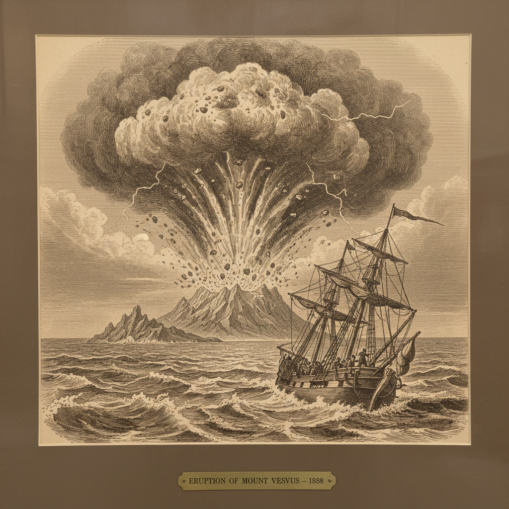 A vintage sepia-toned lithograph of a volcanic island venting a massive, dark plume of smoke into a turbulent sky, viewe