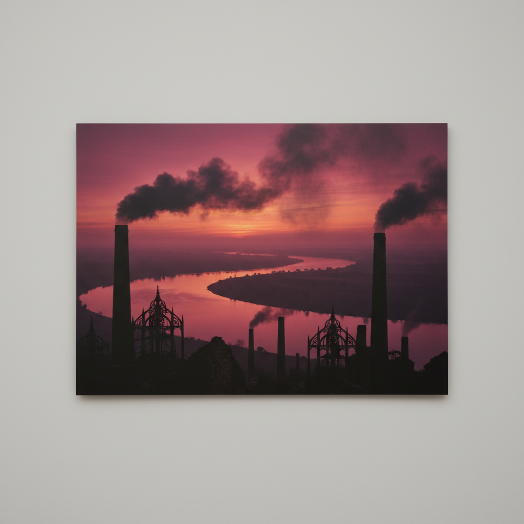 A wide landscape photograph of a river at twilight, the sky a deep, unnatural shade of magenta and orange, silhouettes o