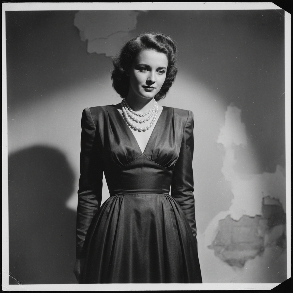 A black and white portrait of a young woman in a 1940s evening gown, her expression soft and haunting, the light catchin