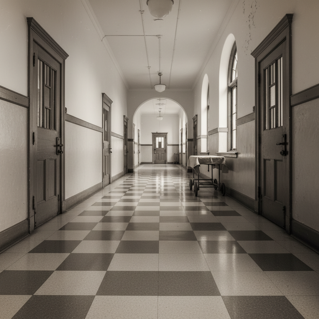 A wide shot of a 1950s state hospital hallway, the linoleum floors polished to a high shine, receding into a vanishing p