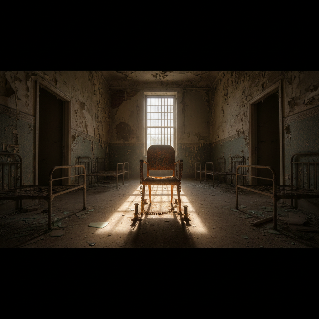 A wide-angle shot of a derelict asylum ward, sunlight streaming through a barred window to illuminate a single, rusted m