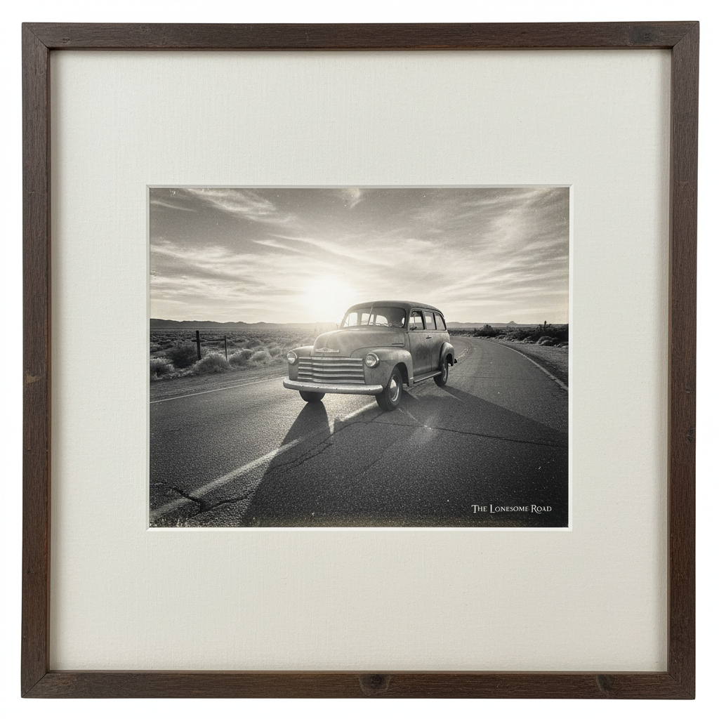 A 1948 Chevrolet Suburban parked on the shoulder of a two-lane highway, the sun setting behind it, casting long, dramati