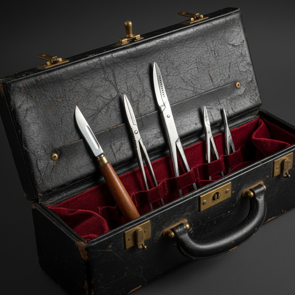A close-up of a vintage black medical bag, slightly ajar, revealing a set of gleaming, tapered steel instruments against