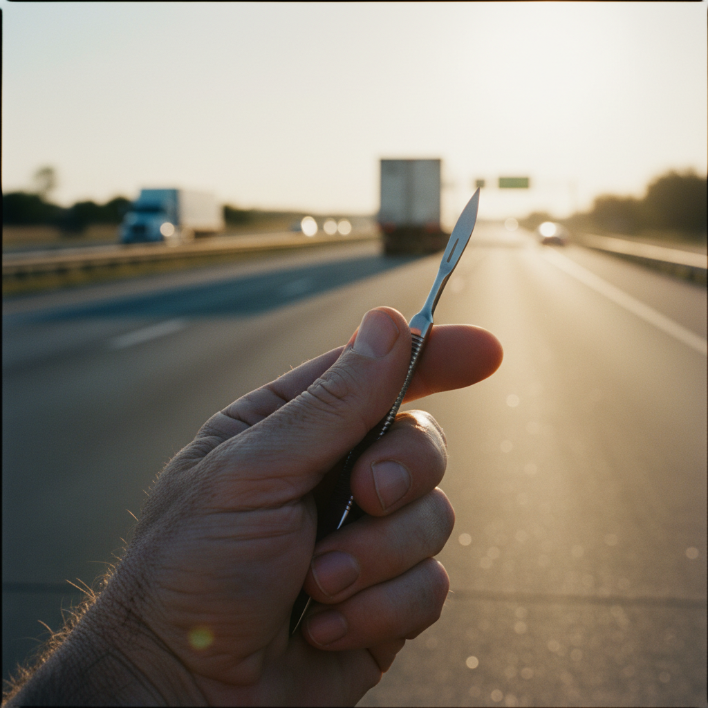 A weathered hand holding a small, sharp steel instrument against a backdrop of a blurred, sun-drenched American highway.