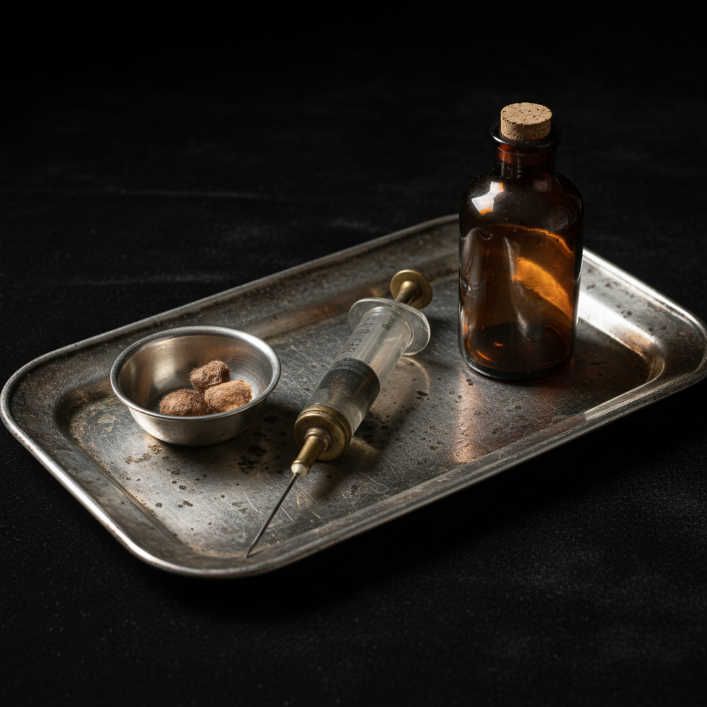 A close-up of a vintage medical tray containing a glass syringe, a stainless steel bowl, and a small, unlabeled brown gl