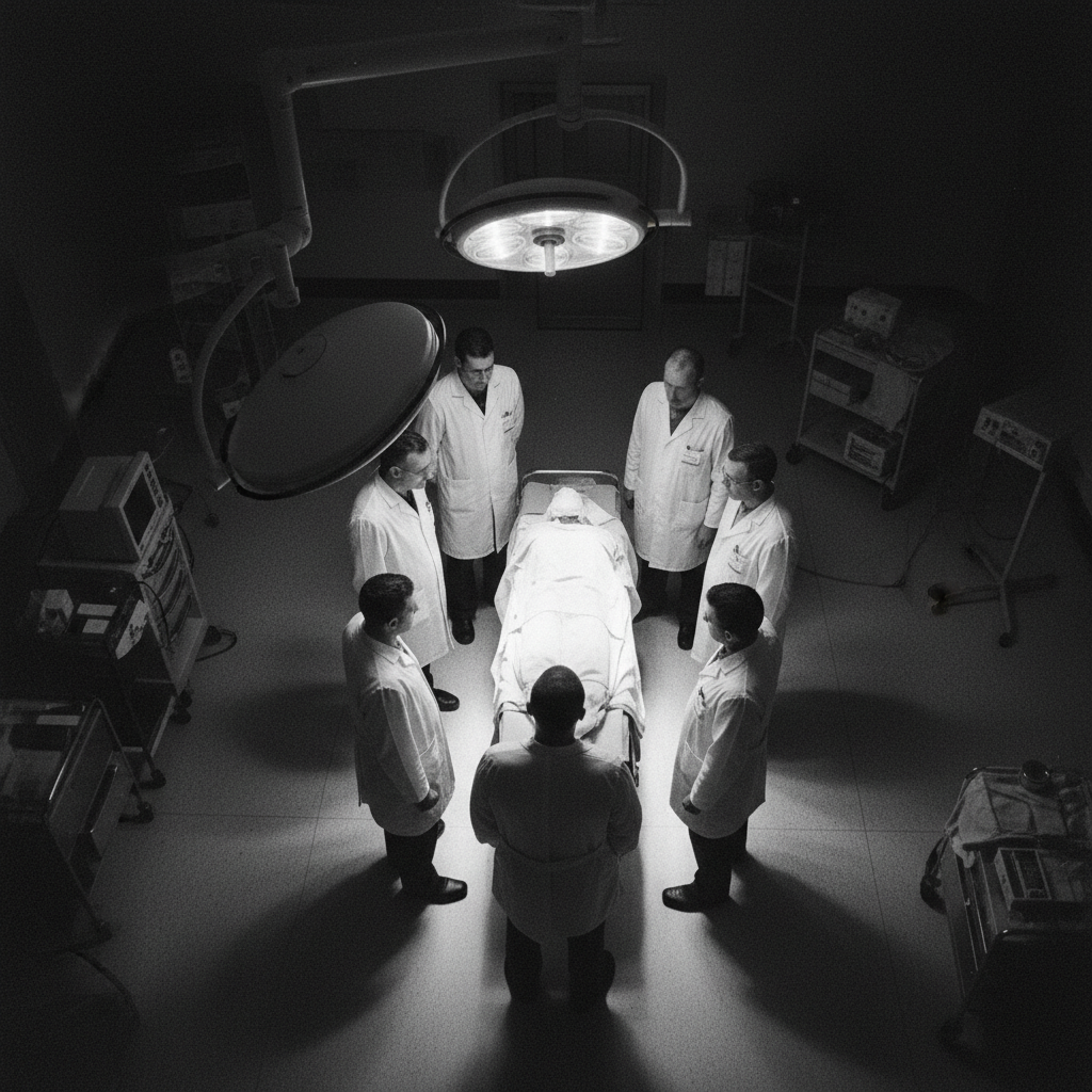 A grainy, black-and-white overhead shot of a group of men in white lab coats standing around a hospital gurney, their fa