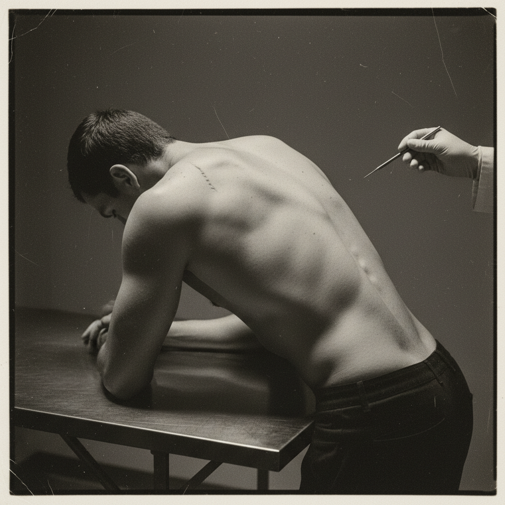 A grainy photograph of a man’s bare back, his spine curved as he leans forward on a clinical table, a doctor's hand visi