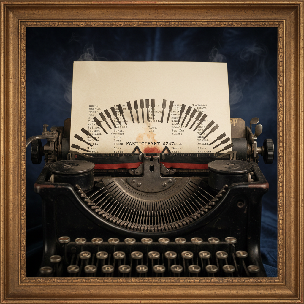 A close-up of a vintage typewriter, the metal arms frozen in mid-strike, a sheet of paper in the carriage containing a l