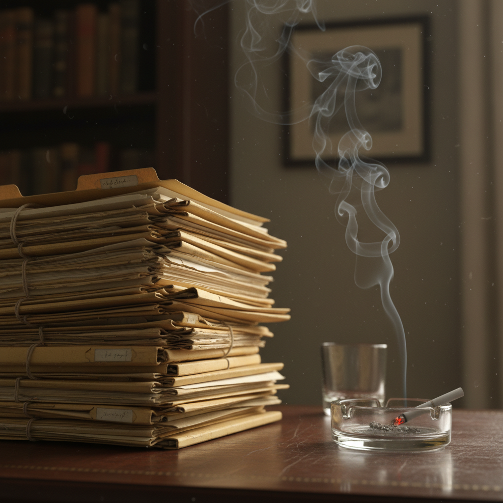 A tall stack of yellowing manila folders on a dark mahogany desk, a single lit cigarette resting in a glass ashtray besi