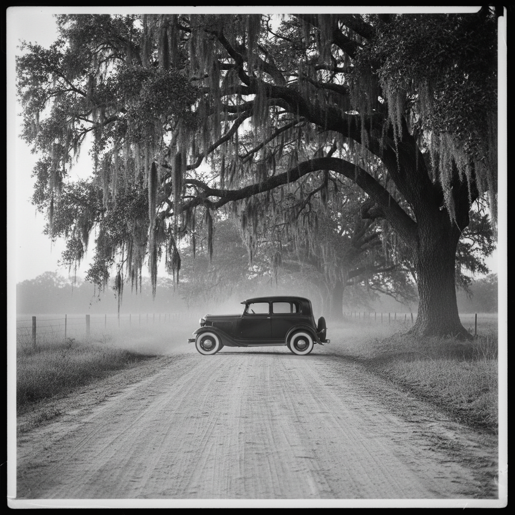 A black-and-white photograph of a dusty Alabama road, a vintage black sedan parked under a sprawling oak tree draped in 