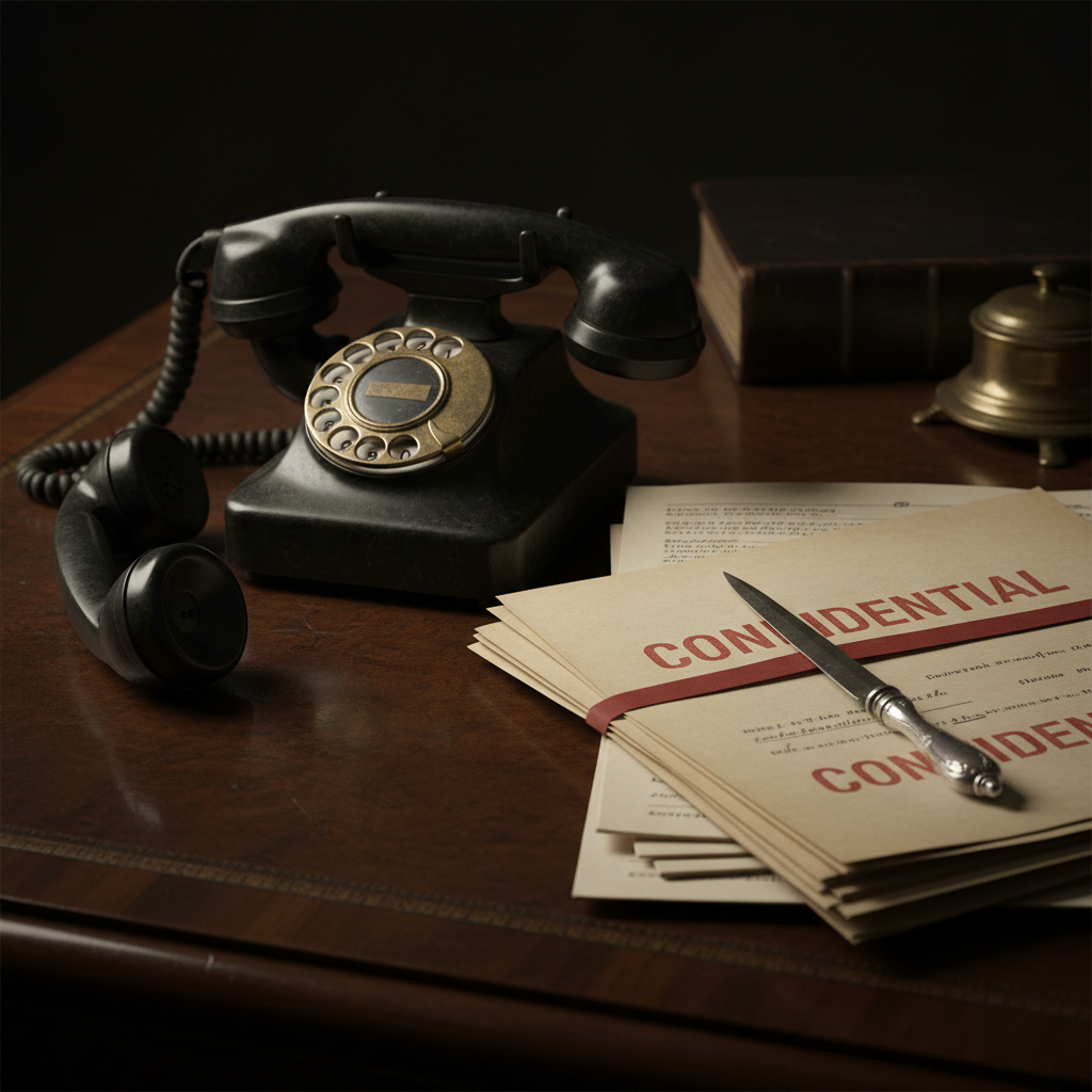 A close-up of a vintage rotary telephone on a polished mahogany desk, its receiver off the hook, beside a stack of clini