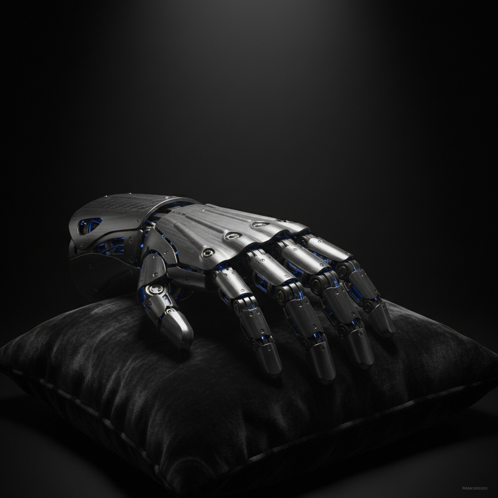 A close-up of a modern, high-tech prosthetic hand resting on a dark velvet surface, the joints intricate and exposed, ca