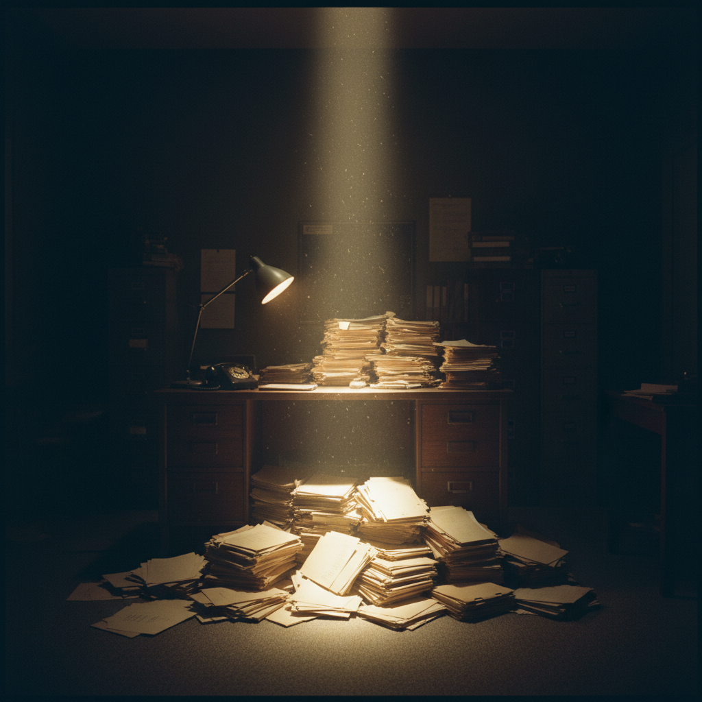 A dimly lit 1960s office interior with a single desk lamp illuminating a mountain of manila folders, dust motes dancing 
