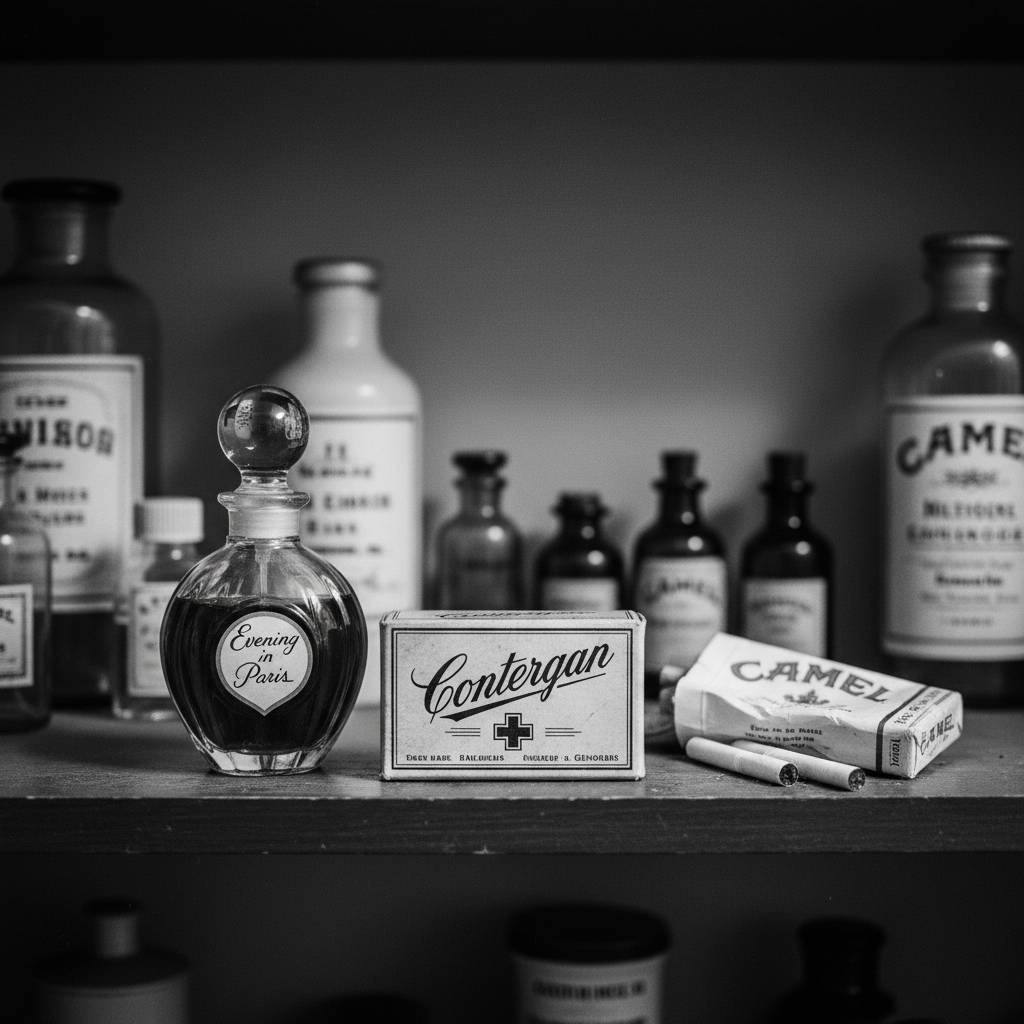 A black and white photograph of a 1950s pharmacy shelf, focusing on a small, elegant box of Contergan tablets next to a 