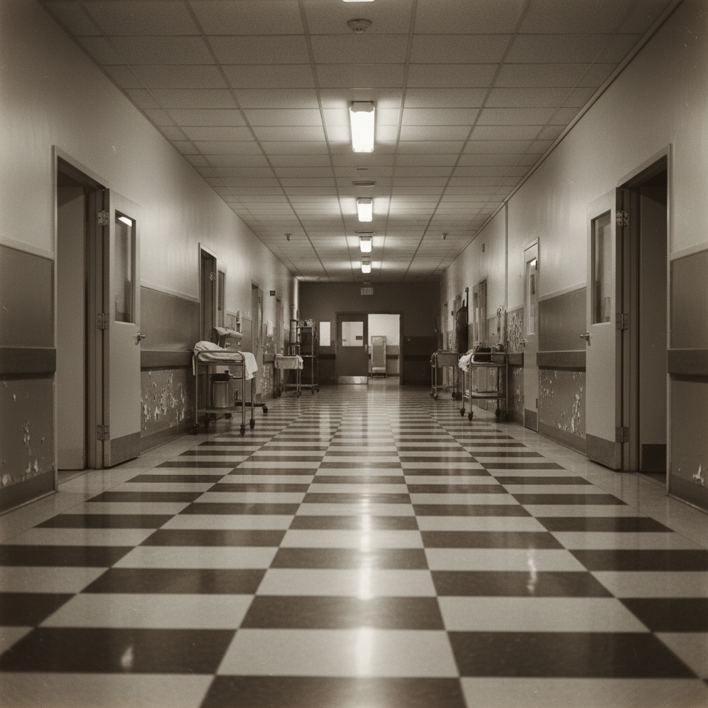 An empty, high-ceilinged hospital corridor from the 1960s, the linoleum floors polished to a mirror shine, reflecting th