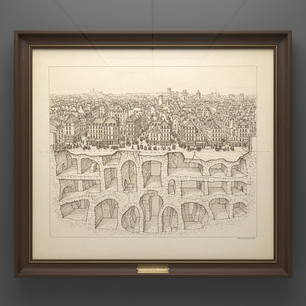 An 18th-century architectural cross-section of Paris, showing the narrow, crowded streets above and the vast, jagged net