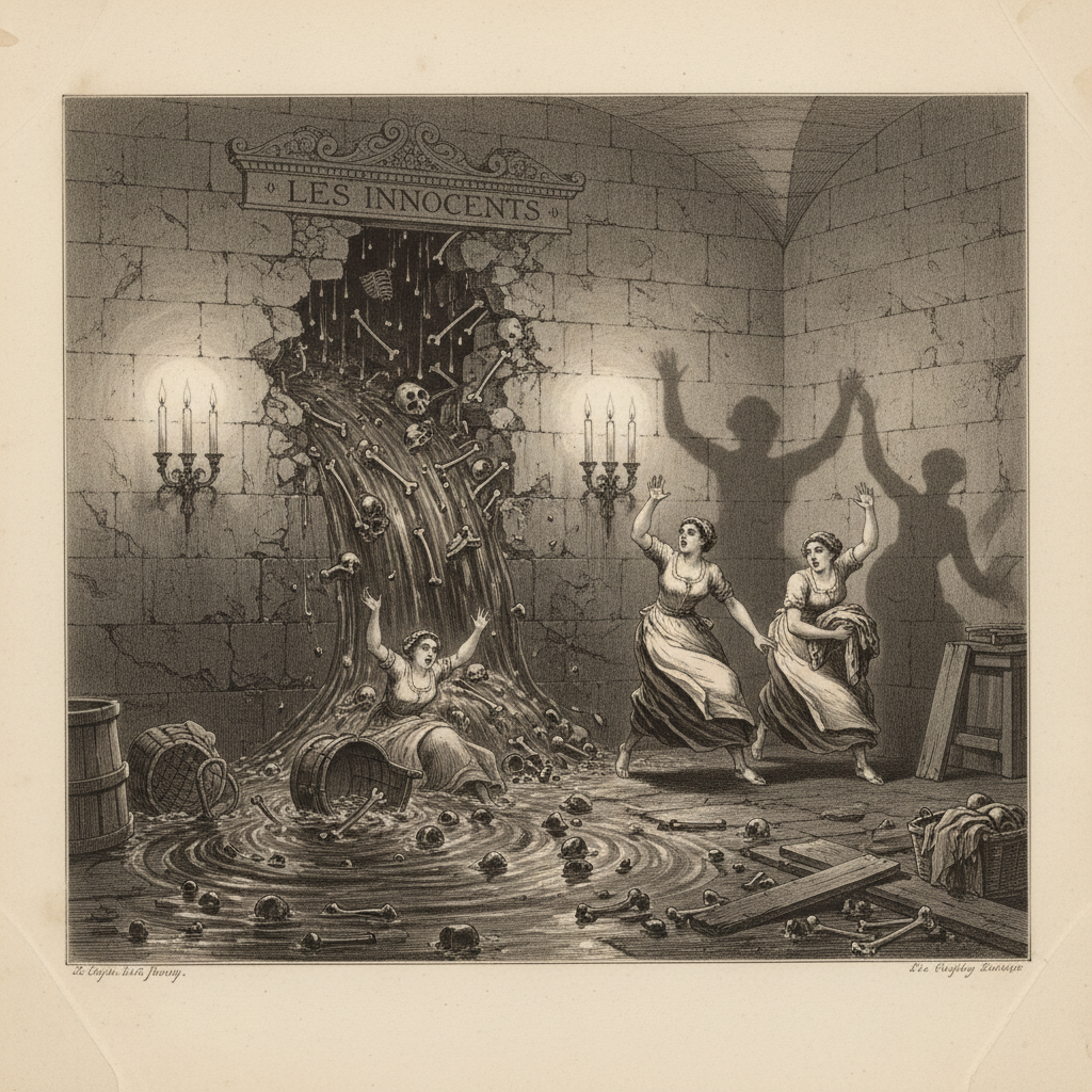 A vintage lithograph showing the collapse of the cellar wall at Les Innocents, with dark fluid and skeletal remains floo
