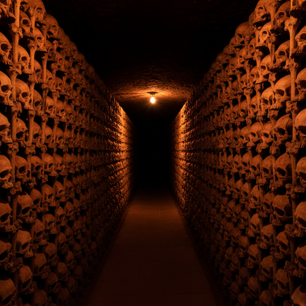 A long, receding perspective of a tunnel in the Catacombs, lit by dim orange light, showing the endless, repetitive wall