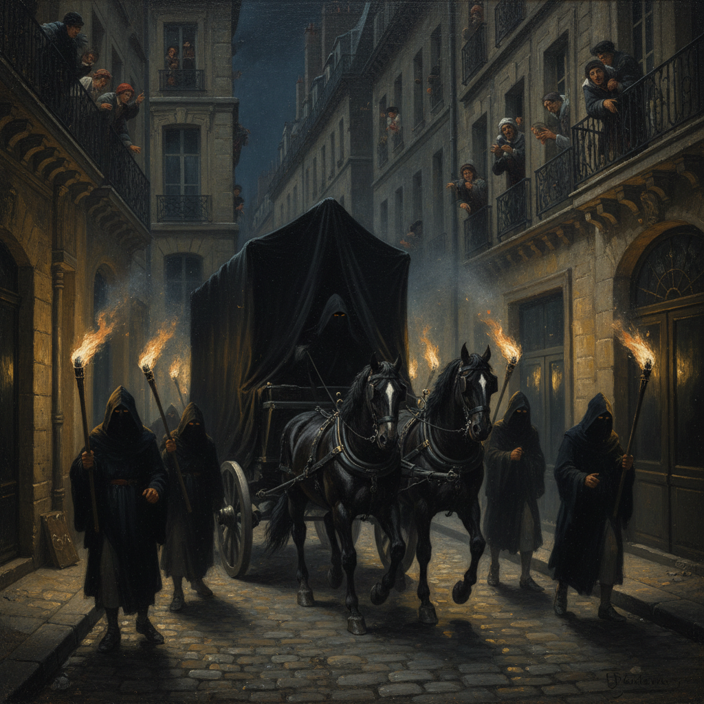 A dramatic painting of a black-draped cart pulled by horses through a narrow Parisian street at night, with torchbearers