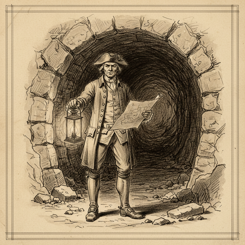 A dramatic 18th-century sketch of Charles-Axel Guillaumot standing at the mouth of a dark tunnel, holding a map and a la