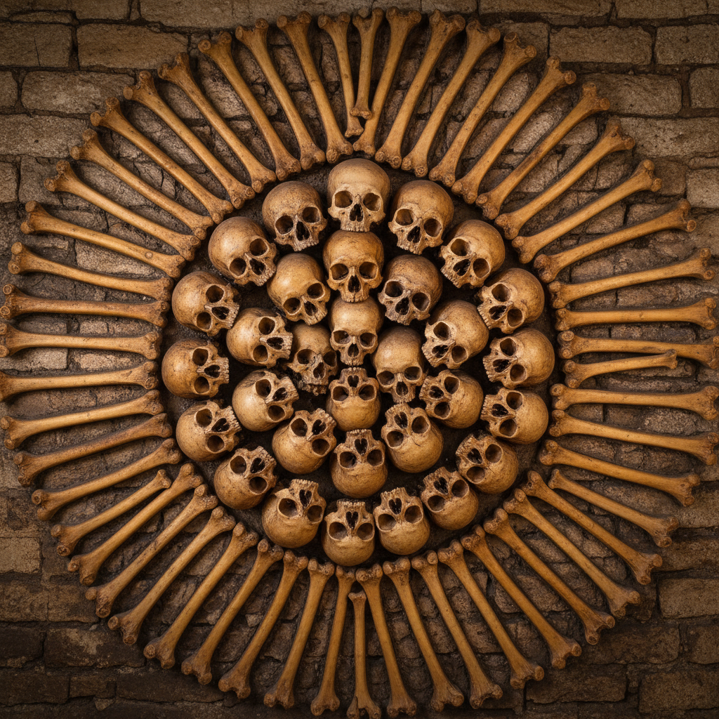 A close-up of a wall in the Catacombs where skulls have been arranged in a perfect circle, surrounded by a meticulously 
