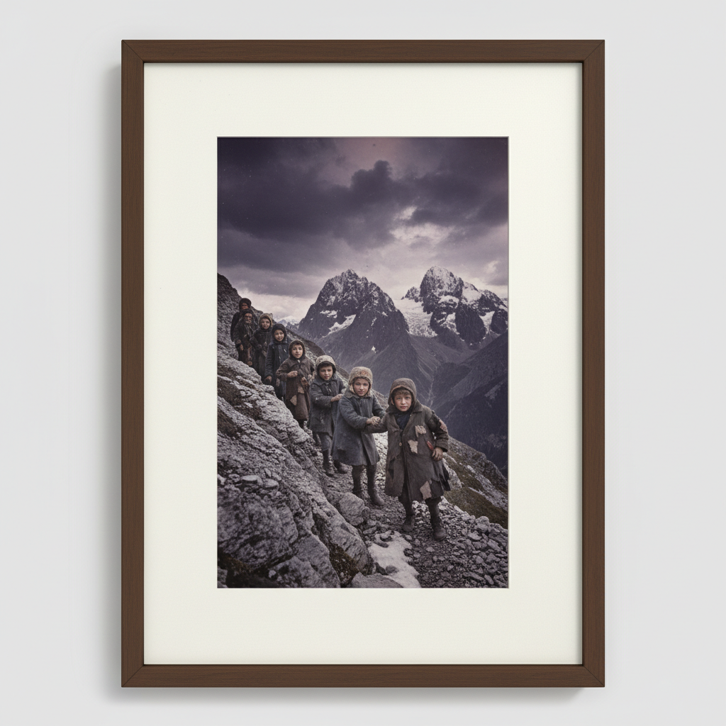 A ragged line of children descending a treacherous mountain pass, the peaks of the Alps looming like jagged teeth in the