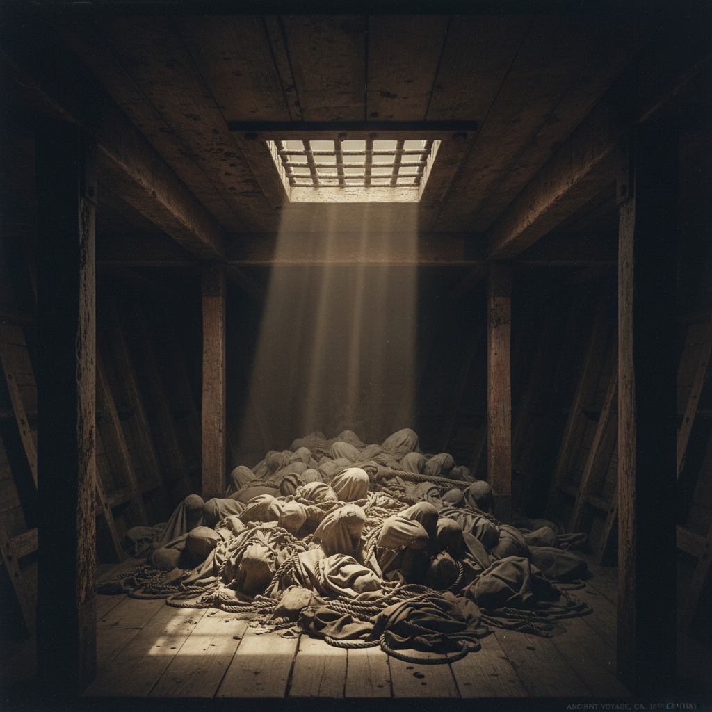 The dark, claustrophobic interior of a ship's hold, where sunlight from a small, barred hatch illuminates a tangled mass