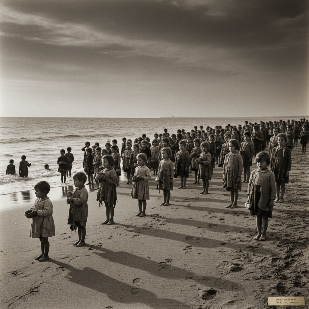 A vast, silent crowd of ragged children standing on the edge of the Mediterranean, their small shadows stretching long a