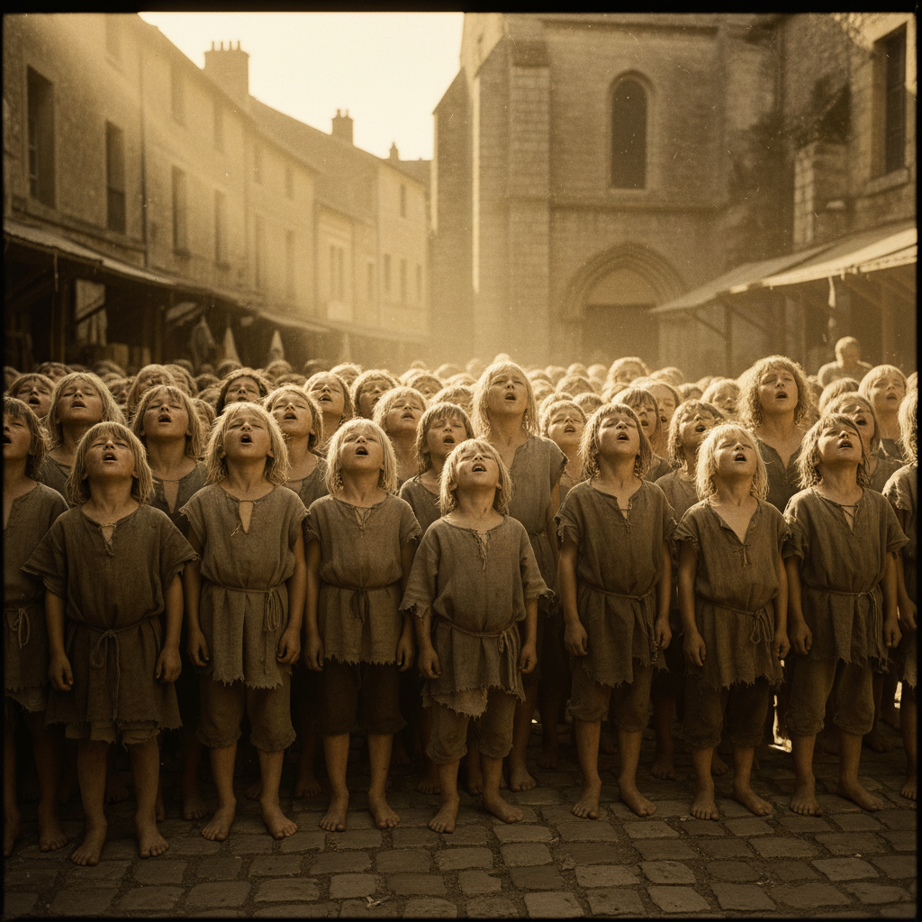 A sea of blonde and brown-haired children filling a dusty medieval square, their faces turned upward in ecstatic prayer,