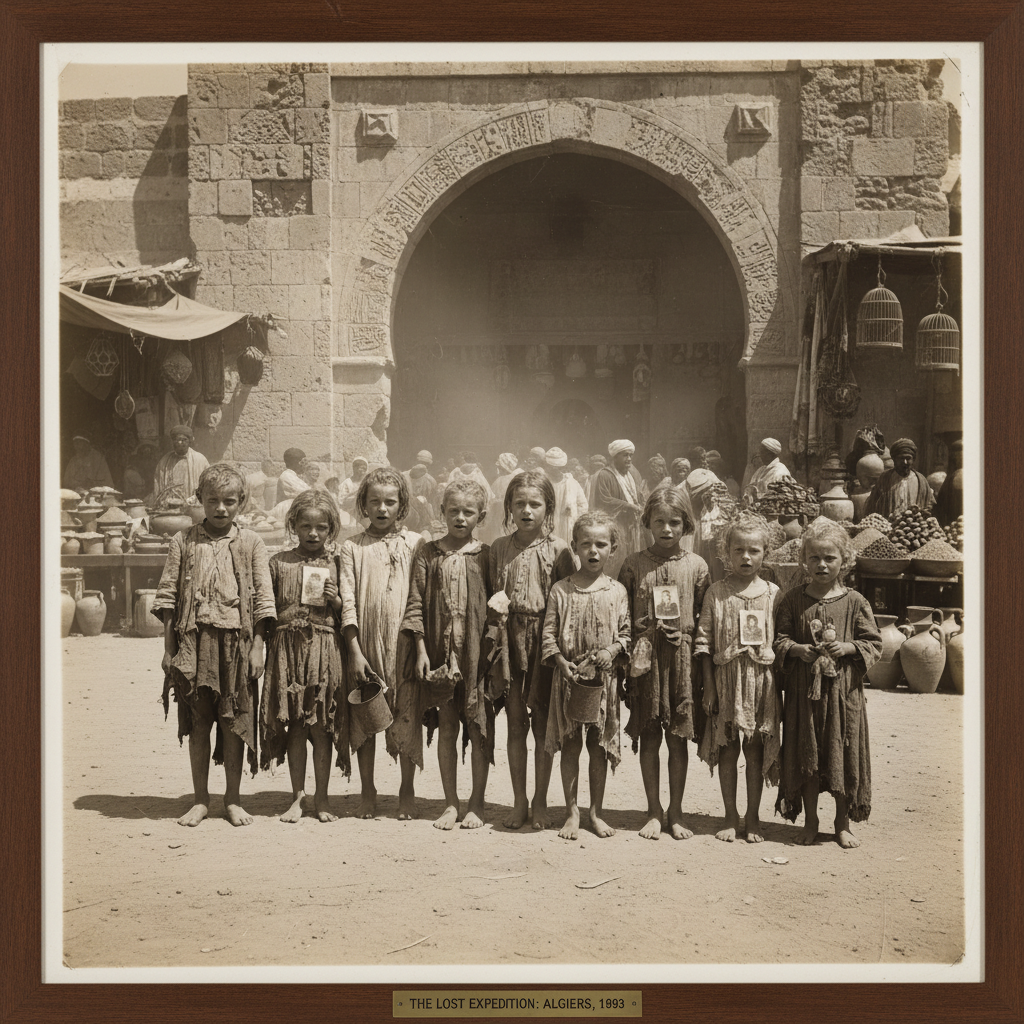 A dusty North African marketplace at midday, where a line of skeletal European children stands in the shadow of a limest