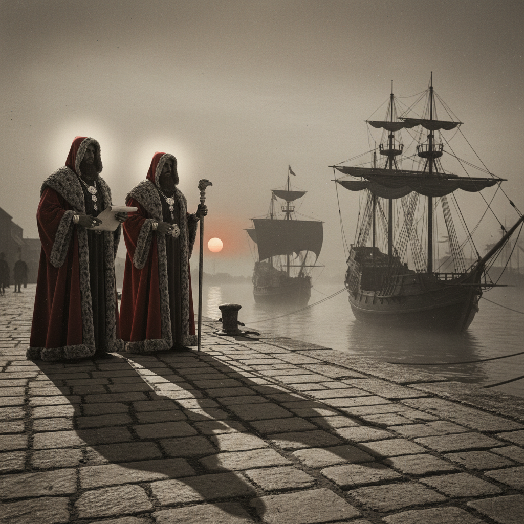 Two wealthy merchants in fur-lined robes standing on a stone pier, their figures casting long, predatory shadows toward 