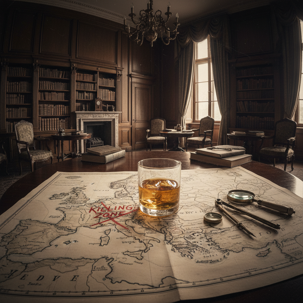 A wide shot of a lavishly appointed room with a large map spread across a table, a crystal glass of amber liquid sitting