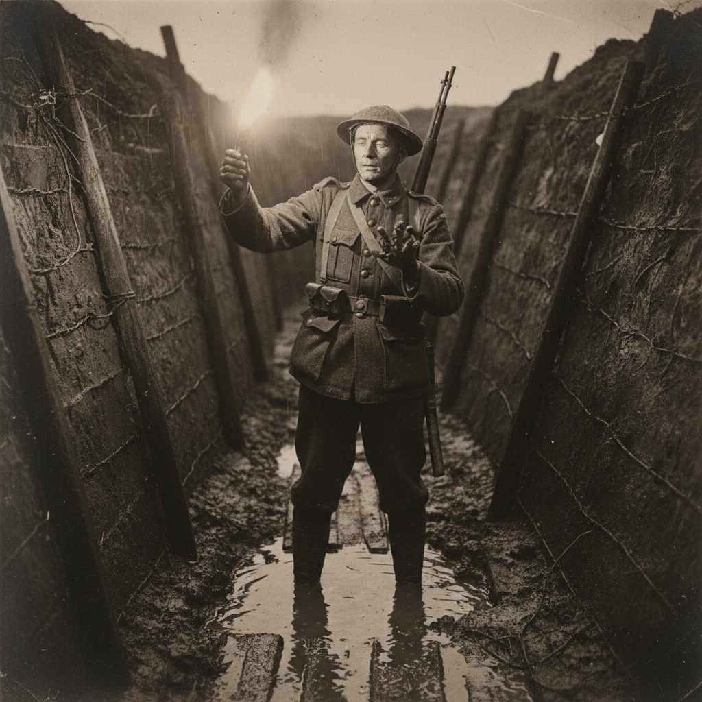 A lone British soldier standing in a dark, water-logged trench, his face illuminated by a flare, looking down at his mud