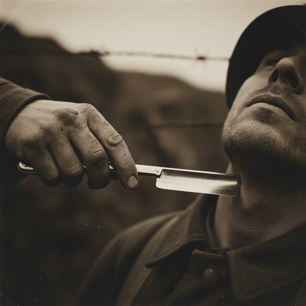 A close-up, shallow-focus shot of a German soldier’s dirt-caked hand holding a silver straight-razor against the neck of